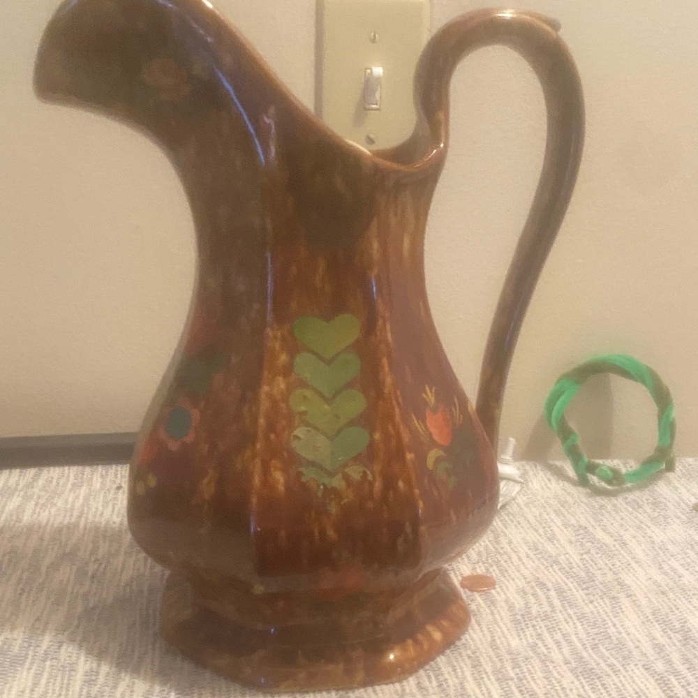 Vintage Brown Ceramic Pitcher with Floral Design